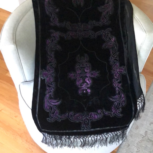 VTG Stunning PURPLE BLACK silk burnout VELVET long fringe art deco wrap shawl - Picture 6 of 15
